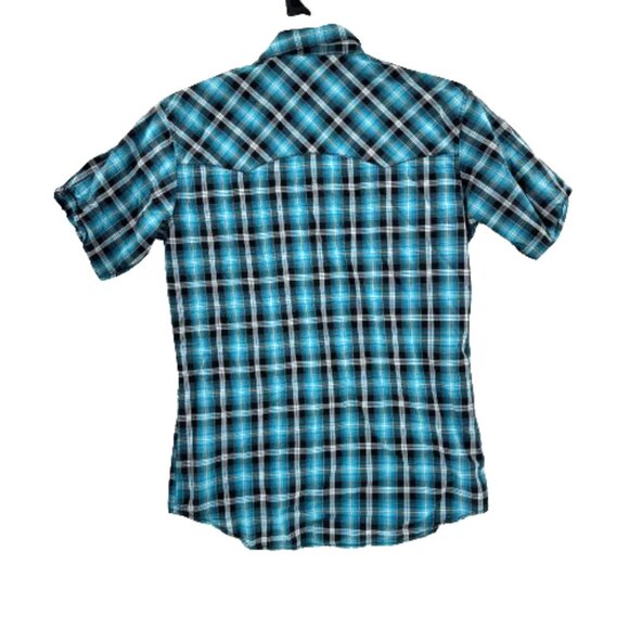 Wrangler Men's Retro Shirt Western Sawtooth Pockets Pearl Snap Medium Blue Plaid - Picture 7 of 8